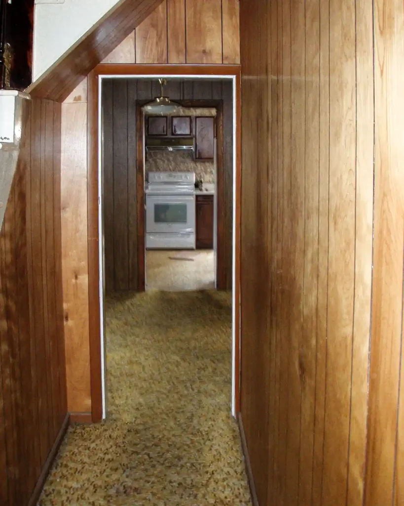View down a dated wood paneled hallway from the front door, through the hallway, and into the dining room and kitchen; features faux-wood paneling, shag carpeting, and a dated, dark interior feel