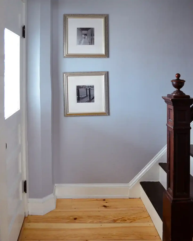 The landing area at the bottom of a staircase with a newell post on the right, opposite a white painted front door with a large square window, pine floorboards, gray walls, and a pair of black and white photographs hanging on the wall