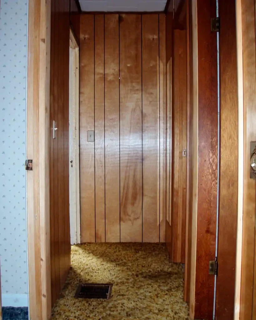 Looking down a dated, paneled second floor hallway with two bedroom doors to the left, one bedroom door and one bathroom door to the right; hallway features wood paneling, hollow core doors, and shag carpeting; before photo prior to renovating the hallway