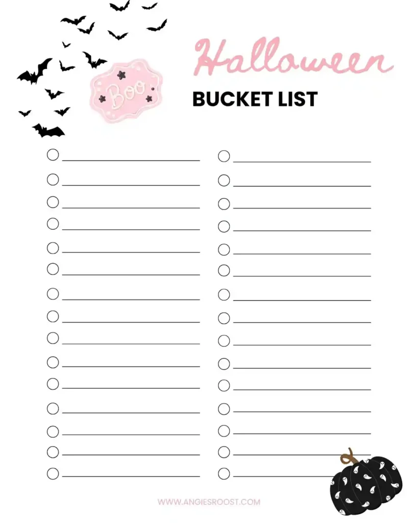 A Halloween bucket list printable in a pink and black color scheme featuring bats and pumpkins