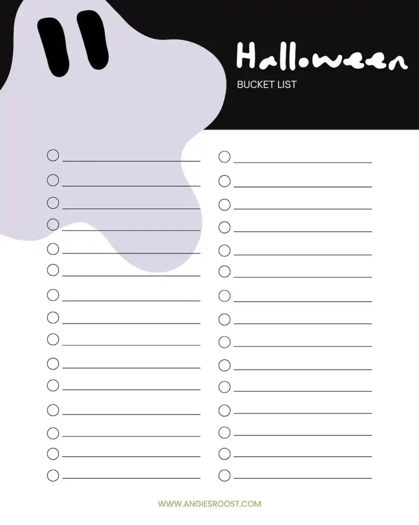 A Halloween bucket list printable in a purplish gray and black color scheme featuring a ghost