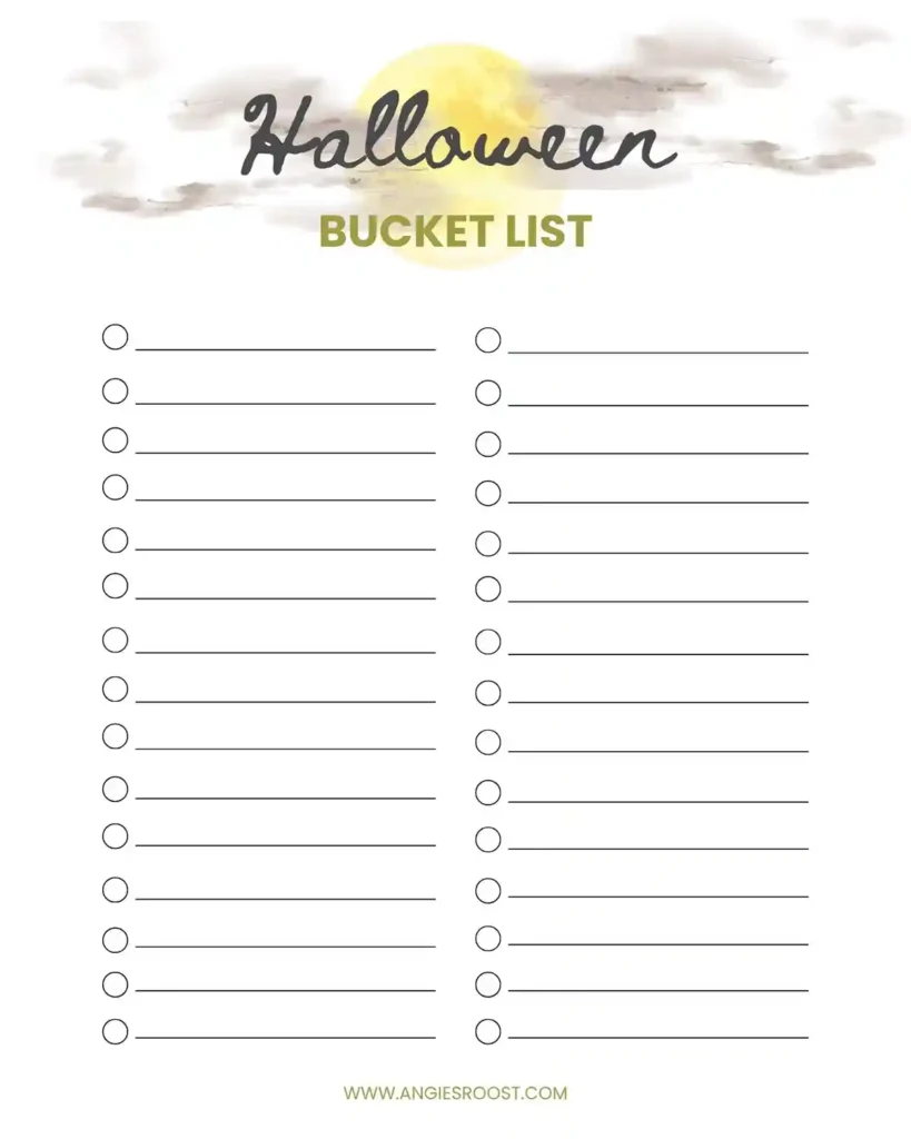 A Halloween bucket list printable in a yellow and gray color scheme featuring a full moon and spooky clouds