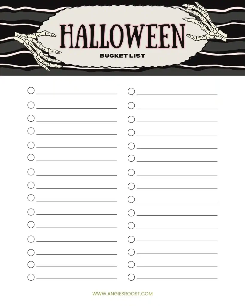 A Halloween bucket list printable in a purple, tan, and black color scheme featuring skeleton hands