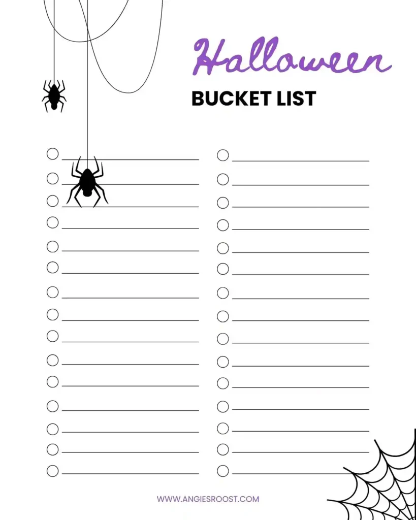 A Halloween bucket list printable in a purple and black color scheme featuring spiders and a web