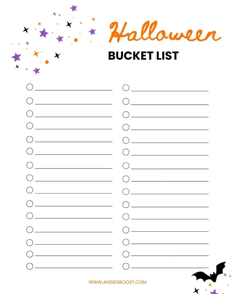 A Halloween bucket list printable in a purple, orange, and black color scheme featuring stars and a bat