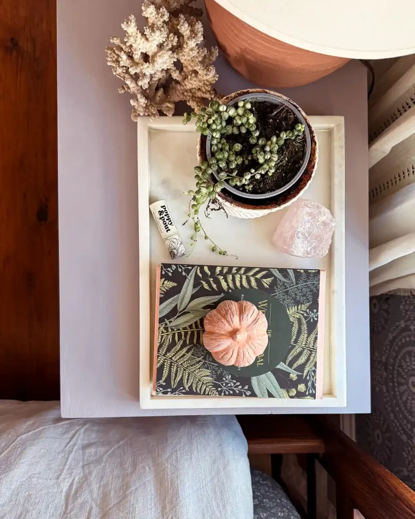 Updating nightstand styling for fall with a string of pearls plant, book stack (including a witch book), ceramic pumpkin, lip balm, and a piece of coral on a marble tray beside a terracotta lamp